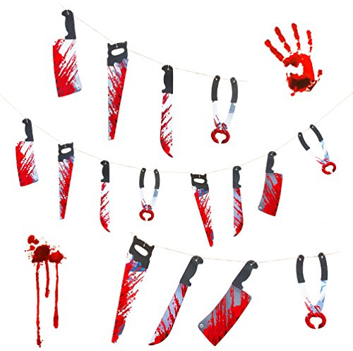 Oblique-Unique® Halloween Girlande - Realistisch Wirkende Schaurig Blutige Messer Säge Zange Girlande - Halloween Grusel Dekoration