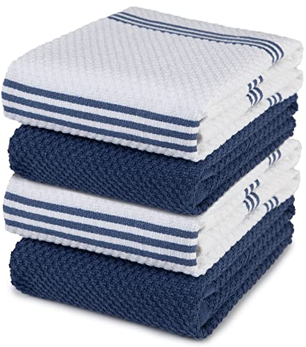 100% Cotton Terry Tea Towel - Blue Plain & Stripe Pattern, Pack of 4 | Kitchen Towel Set | Absorbent, Strong, Quick Dry & Machine Washable | Home & Bathroom Accessories
