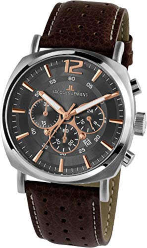 JACQUES LEMANS Herrenuhr Lugano Lederarmband massiv Edelstahl Chronograph 1-1645.1H