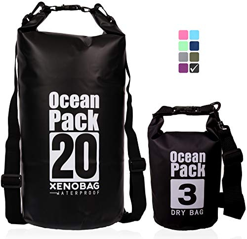 XENOBAG Wasserfeste Tasche 3 Liter/Dry Bag, klein/Ocean Pack 3l / wasserdichter Beutel/Drybag mit verstellbarem Schultergurt und Sicherheitsverschluss (Schwarz, 3 Liter)