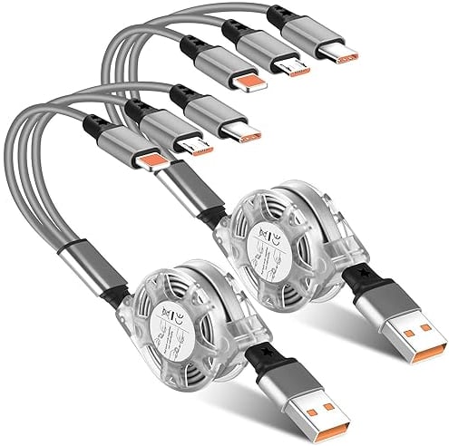 SDBAUX Multi Kabel USB, [3A/1M/2Stück] Universelles 3 in 1 Einziehbares Ladekabel mit Phone/Micro USB/Typ C Anschlüssen, für iOS Telefon, Android Galaxy, LG, Sony, Moto, Xiaomi, Oneplus, Honor View