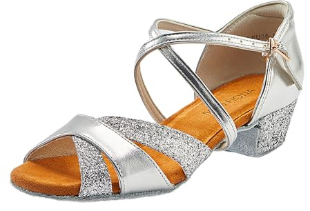 missfiona Girls Ballroom Dance Shoes Glitter Latin Shoes | Kids,3.5cm Low Heels, Salsa,Beginner,Practice