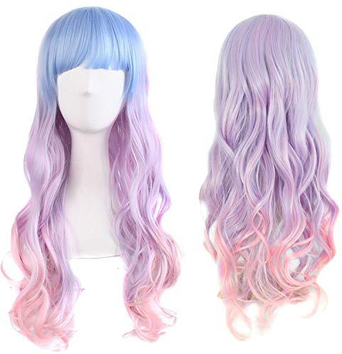 Colorfulpanda Lang Cosplay Perücke, Lockig Damen Perücke mit Perücke-Kappe, Blond Blau Lila Rosa Perücken für Frauen Karneval Halloween Fasching Kostüme Party,Bunt Farbe