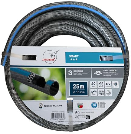 Jardibric - Tuyau d'Arrosage 3 Couches ø15mm (25m) Guipé Tricoté SMART - Résistant jusqu'à 20 Bars, de -10°C à 50°C, Anti-UV, Anti-Algues, Flexible, et Adapté à Toutes les Saisons.