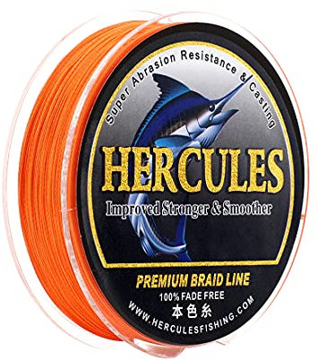 HERCULES Farbechte Geflochtene Angelschnur, 100m PE Geflochtene Schnüre, 4 Stränge Multifile Angelschnur, 15lb Test für Salzwasser und Süßwasser, Orange, 15lb, 100m