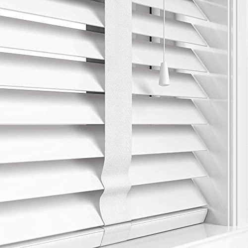 Funky Gadgets Faux Wood Blinds Window Venetian Blinds (White, 75Wx150H cm) | Faux Wooden Window Venetian Blind 50mm Smooth Slats With Tape White Silver/Grey TRIMMABLE, Child Safe Blinds