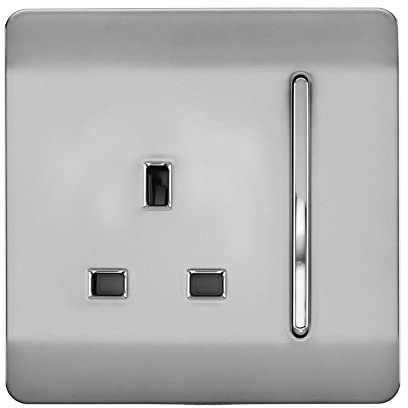 Trendi 1 Gang Raised Artistic Modern Glossy Screwless 13 Amp Single Pole with Chrome Switched UK Standard Electrical Double Wall Plug Socket in Brushed Steel - ART-SKT13BS