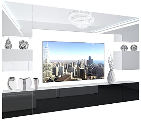 BELINI Wohnwand Wohnzimmer-Set Vollausstattung Moderne Schrankwand mit LED-Beleuchtung Anbauwand TV-Schrank Weiß/Schwarz