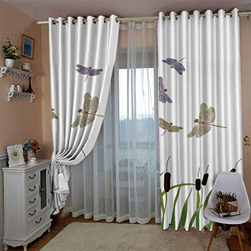 ZAPVI Blickdichte Gardine Gras & Libellen Schal Verdunkelungsvorhang Blickdicht für Wohnzimmer Schlafzimmer 2er Set Größe:2 x B110 x H215cm