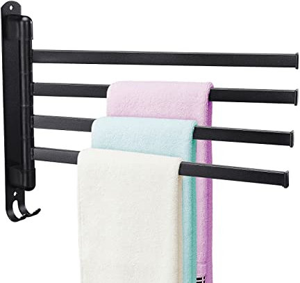 BestAlice Porte-serviettes pivotant pour salle de bain en acier inoxydable à 4 bras, porte-serviettes mural peu encombrant avec crochet, rotation à 180 degrés (noir)