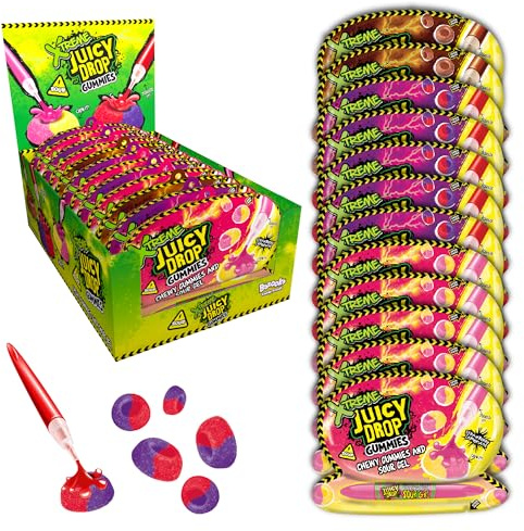 Juicy Drop Gummies Xtreme (12 x 57g Bulk Sweets) Sweet and Sour Kids Sweets for Party Bags, Cola, Strawberry Lemonade and Cherry Berry - Gluten Free Sweet and Sour Candy