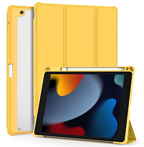 OKP for iPad 9th/ 8th/ 7th Generation Case (2021/2020/2019), iPad 10.2 inch Cases with Trifold Stand, Slim ipad 9/8/7 th gen Cover with Pencil Holder for Kids Women Men, Clear Back Shell, Yellow