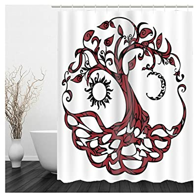 Hoisy Duschvorhang, Clofy Duschvorhänge Baum Mit Sonne Und Mond Rot Größe 165X200CM Schnell Trocknend Polyestergewebe Badezimmerzubehör