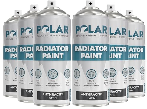 Polar Satin Anthracite Radiator Spray Paint - 6 x 400ml | Heat Resistant up to 100ºC |Quick Drying & No Primer needed | Exterior Surfaces of Radiators & Hot Water Tanks | Heat Resistant Radiator Paint