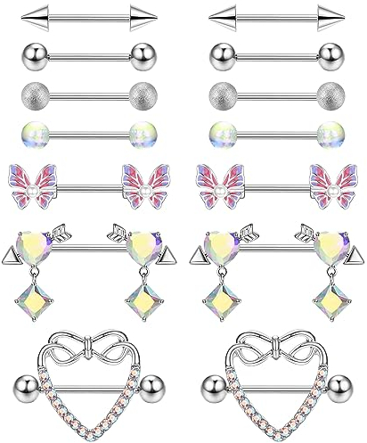 JeryWe 7Paar 14G Edelstahl Nipplerings für Damen Nippelpiercing Schmuck CZ Schmetterling Langhantel Brustwarzenpiercing Set Kugel Zungenstangen Nippelpiercing Körper Piercing Schmuck Silber