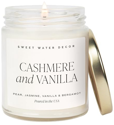 Sweet Water Decor Cashmere and Vanilla Soy Candle - Jasmine, Soft Cashmere, Sandalwood, Vanilla Scented Spring Candle for Home - 9oz Clear Jar with Lid, 40+ Hour Burn Time, Made in The USA