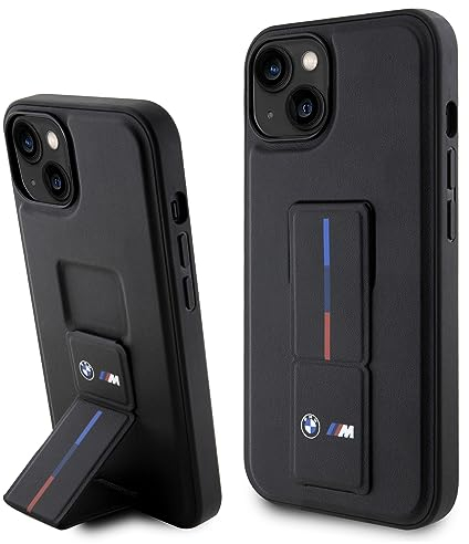 CG Mobile BMW-Handyhülle kompatibel mit iPhone 15 Zoll (38,1 cm), dreifarbig, mit griffigem Ständer, PU-Leder, M-Kollektion, Glatte Schutzhülle mit einfachem Snap-on, Stoßdämpfung und Signatur-Logo