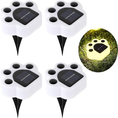 KZT Solar Pfad-Lichter 4 Stücke, Haustier Pfotenabdrücke LED-Leuchten, Im Freien Wasserdicht Solarlampe, Hund Katze Fußspuren Solare Gartenleuchten für Parks, Terrasse, Einfahrt, Villen (warmes Weiß)