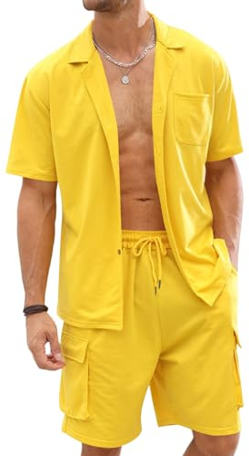 Fastkoala Homme Ensemble Sets Ete Tenues Survêtement Costumes Plage Vacances Bouton Lapel Chemises et Shorts 2 Pcs Jaune XL