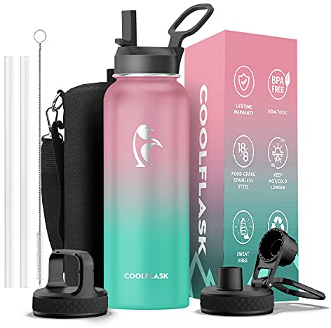 Coolflask 1180ml Isolierte Wasserflasche mit Strohhalm & 3 Deckeln, Metall-Wasserflasche für Sport oder Büro, doppelt vakuumdicht, leicht zu reinigen, Bubble Gum