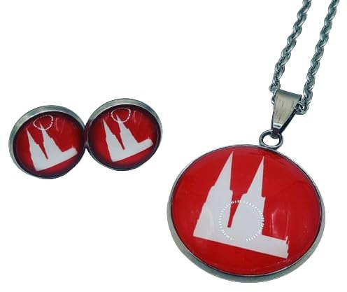 Kölner Dom Schmuckset weiß auf rot bestehend aus Halskette mit Anhänger und Ohrstecker ODER Clips (Edelstahl) (mit Steckern)