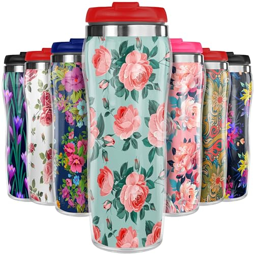 Pixly® Vintage English Roses Thermal Travel Mug Coffee Tea Flask, 400ml/14oz Capacity, Flower, Floral Pattern - English Rose Symphony