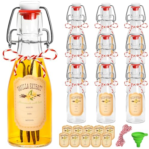 Confezione da 10 bottiglie in vetro con tappo ermetico da 150 ml, bottiglie in vetro trasparente per salse e liquori, per cucina, produzione casalinga di vino e succhi di frutta, per bevande