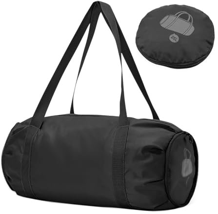 SamHeng Faltbar Sporttasche, 25L Reisetasche Duffle Bag mit Nasse Trockene Tasche, Ultraleich Wasserdicht Trainingstasche Schwimmtasche Weekender Tasche für Urlaub Camping Strand Gym (Schwarz)