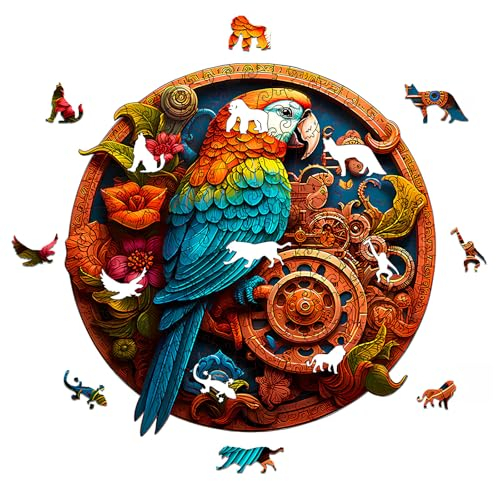 Homewit Holzpuzzle Tiere,200 Teile Kinderpuzzle,Unregelmäßiges Papageien Puzzle, 33 x 33 cm Großes Holz Puzzle Set für Erwachsene