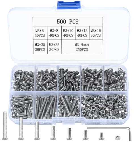 500 Pezzi M3 Bulloni e Dadi Kit, Viti a Testa Bombata con Esagono Incassato, Viti a Testa Esagonale Set, Vite a Bottone Brugola, Bulloni a Tonda per Bici