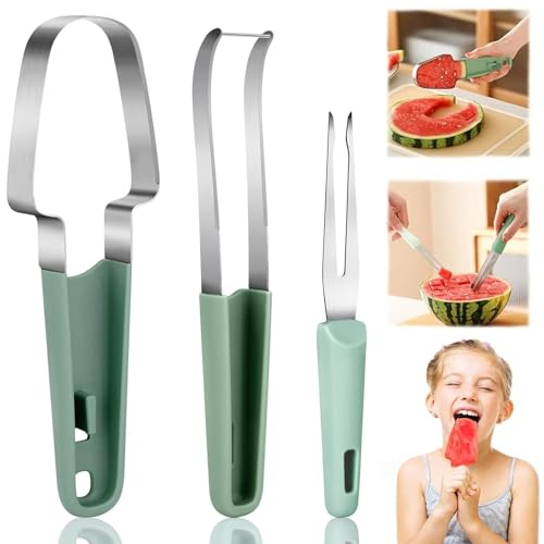 Coupe Pastèque, 3 en 1 Trancheur de Fruits en Acier Inoxydable, Coupe Tranche de Pastèque, Coupe Melon, Coupe-Melon en Acier Inoxydable, Fourchette Trancheuse Pastèque, Coupe Pasteque et Melon