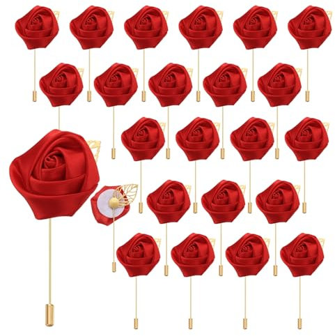QUARKZMAN 24Pcs Épinglette Boutonnière en Fleur Roses Rouges Broches de Boutonnières de Poche pour Cérémonie de Mariage Anniversaire Bal de Promo Soirée Formelle Décoration de Costume