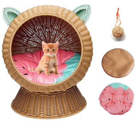 DLLDLGG Cat Ear Coastal Handwoven Rattan Cat Bed with Machine-Washable Cushion, Mat Grass Woven Elevated Cat Bed Kitty House with Stand, Natural
