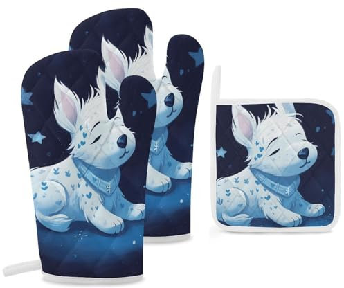 Ofenhandschuhe und Topflappen, 3 Stück, rutschfester Ofenhandschuh, weißer Hund, hitzebeständige Ofenhandschuhe zum Kochen, Grillen, Küche, heiße Pads für Mikrowelle