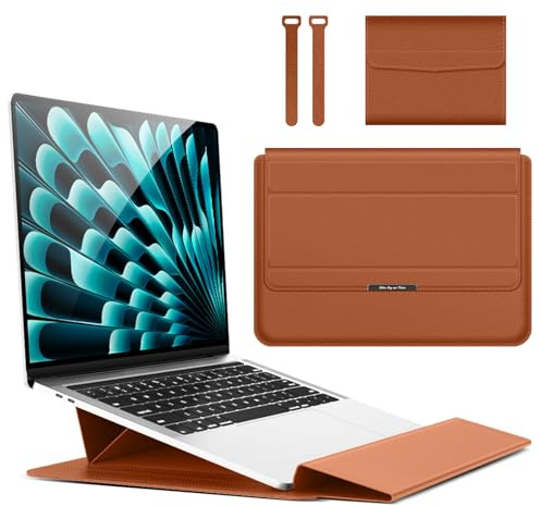 Hinnwer 13 14 Inch Laptop Sleeve Case for MacBook Air 13 M5/M4/M3/M2/M1 (2026-2020), MacBook Pro 13-14 M5/M4/M3/M2/M1 Pro/Max (2026-2020) Adjustable Stand Sleeve Pouch - Brown