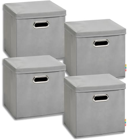 Storanda | 4er Set Aufbewahrungsbox mit Deckel 28x28x28 cm | Beiseitig Breite Griffe | Stabil & Faltbar | Regalbox für Würfelregal | Grau