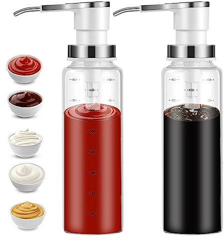 Sauce Pump Dispensers, Coffee Syrup Dispenser, 2 x 500ml Glass Bottle with Stainless Steel Pumps, Leak-Proof, Food Grade Pumps for Honey, Syrups, Oil, Condiments, Salad Dressings (2 X)