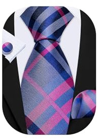 Barry.Wang Blue Pink Tie Silk Mens Plaid Tartan Classic Necktie Handkerchief Cufflinks Set Formal Wedding