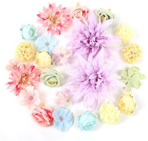 LARDUX 24 Stücke Kunstblumen Köpfe,künstliche blumenköpfe klein Blüten Künstlich blütenköpfe groß Seidenblumen Köpfe für DIY Basteln Scrapbooking Hochzeit Party Home Handwerk Deko-Lila (Bunt)
