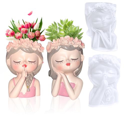DMOYS 2 Stück 3D Mädchen Silikonformen Gießformen, Blumentopf Blumenmädchen Beton Gießform,DIY 3D Sukkulenten Pflanzgefäße Formen, Epoxidharz-Formen Silikonform Handwerk