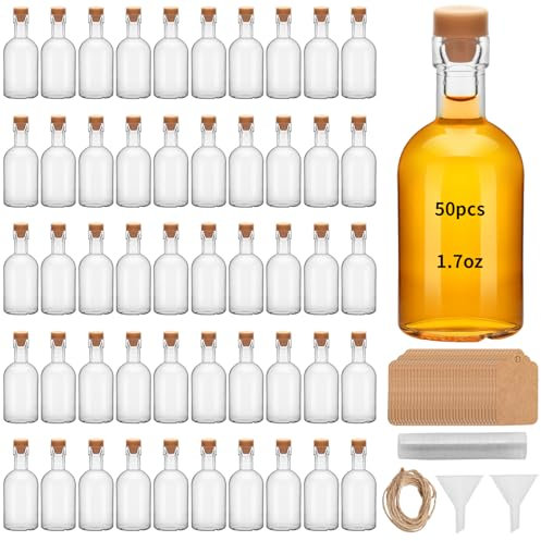 eispap 50 Pcs Mini Glass Liquor Bottles with Lids Small Glass vodka Wine Bottle Reusable Empty Alcohol Bottles with Aluminum for Christmas Birthday Weddings Polymer sealing plug (1.7OZ 50ML)