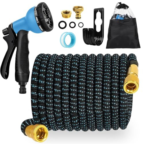 Tubo Acqua Giardino, Tubo Estensibile da Giardino con connettore in ottone da 3/4' e 1/2', Canna Acqua Giardino con ugello spruzzatore a 8 funzioni, 15 metri Gomma per Innaffiare Irrigazione