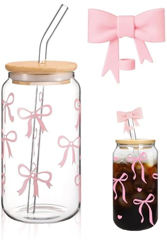 DePro 500ml Cute Stuff Matcha Glas mit Deckel und Strohhalm – ästhetisches Design mit Bow und Anti-Staub-Abdeckung, Multifunktionaler Geschenk-Idee für Beste Freundin