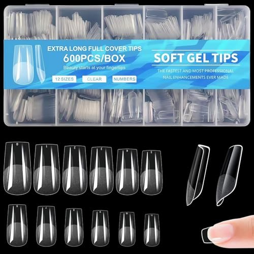Yiqicomle 600Pcs Short Square Nail Tips, Full Cover Soft Gel Tips Acrylic False Nail Tips for Nail Extension Salons Nail Art DIY