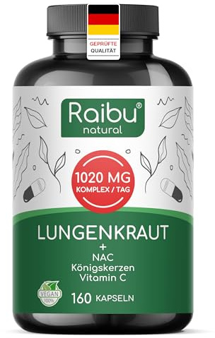 Lungenkraut Kapseln Hochdosiert mit Königskerzen, 600 mg Lungenkraut pro Tagesdosis - 160 Kapseln mit NAC & Vitamin C - 20:1 Hochkonzentrierter Extrakt - Vegan & Ohne Zusätze