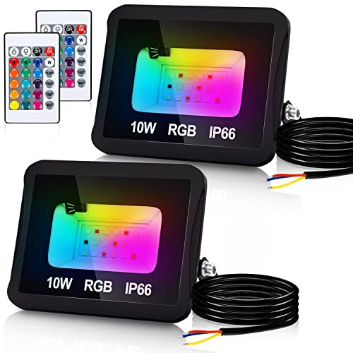 Jaxguom RGB LED Strahler Außen 2er 10W mit Fernbedienung, RGB Fluter LED Dimmbar Gartenstrahler, 16 Farben 4 Modi IP66 Wasserdicht, Memoryfunktion für Party Außen