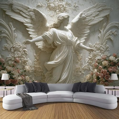 Tapete 3D Fototapete Marmor Engel Blumen Vliestapete Wandbild Fototapeten, 250×175cm(W×H) Vlies Tapeten Europäischer Klassisch Blumen Wandtapete Schlafzimmer, TV Hintergrund Wand Moderne Wanddeko