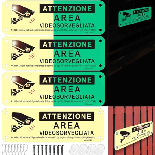 4 Pezzi Cartello Area Videosorvegliata Fosforescenti, 15x5cm Videosorveglianza e Allarme per casa Metallo Esterno Alluminio Spazzolato piccolo, Cartelli Proprietà Privata (Compresi gli Accessori)