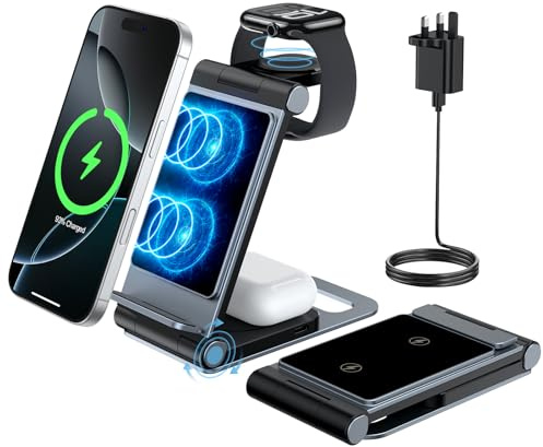 3 in 1 Ladestation für Apple Watch und iPhone Faltbare Reise für Apple Wireless Charger für iPhone 17 16 15 14 13 12 11 Pro Max, für Apple Watch Ultra/SE/11/10/9/8/7/6/5/4/3, AirPod Pro 3 2 (Schwarz)
