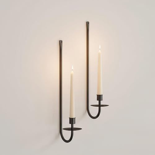 Set of 2 Metal Wall Candle Holders, Black Wall Mounted Candle Sconces for Pillar Candles, Modern Farmhouse Wall Candle Holder for Living Room, Bedroom, Fireplace, or Wedding Decor